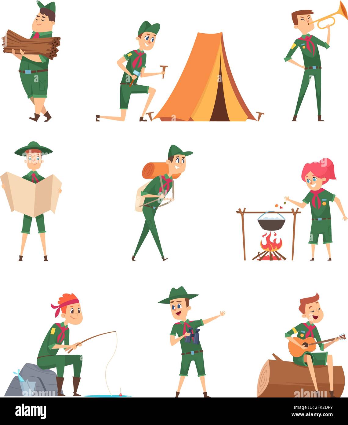 Rangers enfants. Petits scouts en vert uniforme survie personnages avec sac à dos étudiant vecteur enfants Illustration de Vecteur