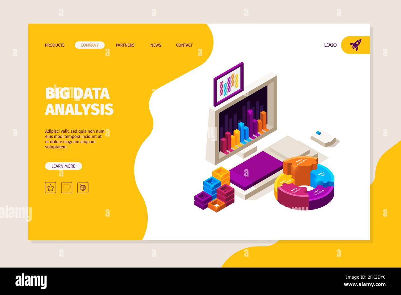 Lancement de l'analyse des données. Concept d'entreprise avec gadgets et infographie symboles graphiques graphiques diagrammes vecteur marketing ou finance modèle de page Web Illustration de Vecteur