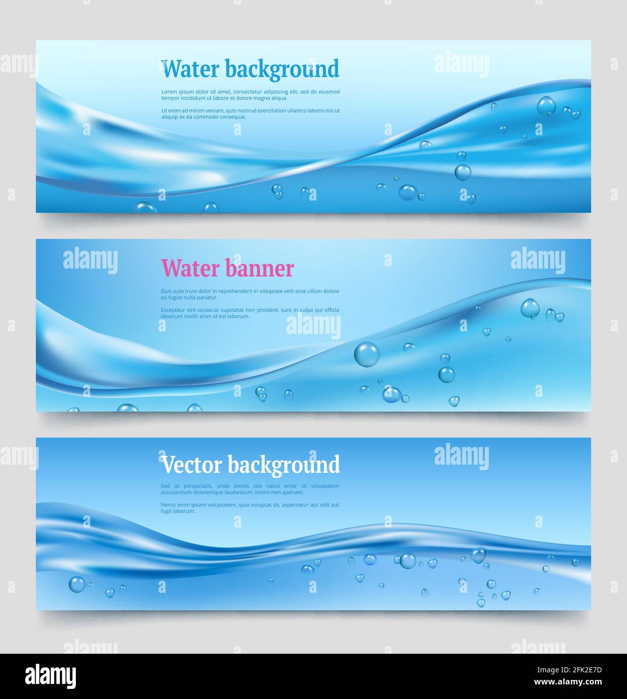 Bannières pour éclaboussures d'eau. Eau liquide fluide avec bulles purificateur d'eau vecteur Clean ECO concept Illustration de Vecteur