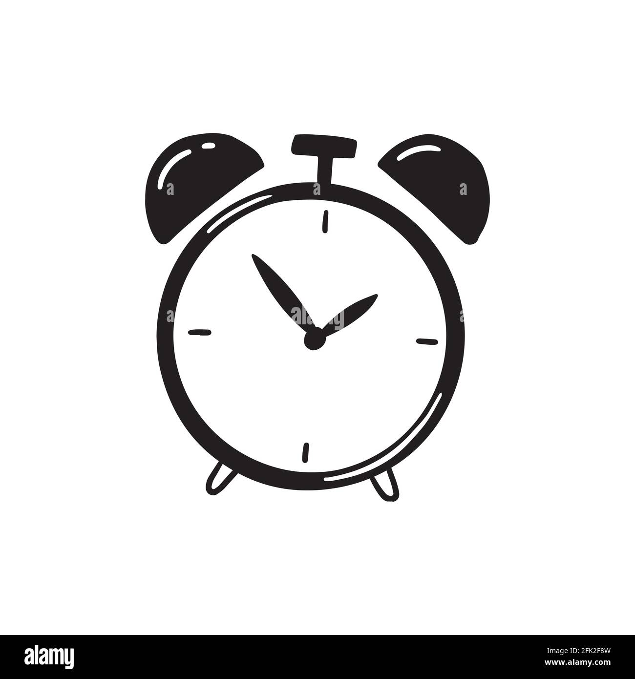 Icône de réveil rétro simple dessinée à la main de couleur noire. Style d'esquisse Doodle. Concept de temps, minute, date limite. Horloge avec flèche sur fond blanc Illustration de Vecteur