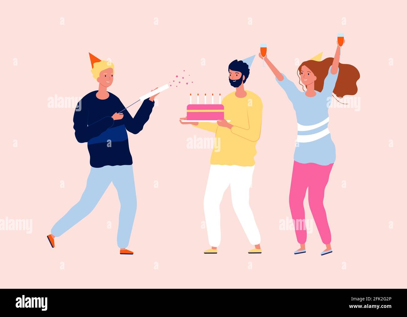 Heureux Amis Fetant La Fete Gateau D Anniversaire Vin Et Confetti Amitie Femme Souriante Et Hommes Personnages Vectoriels Image Vectorielle Stock Alamy