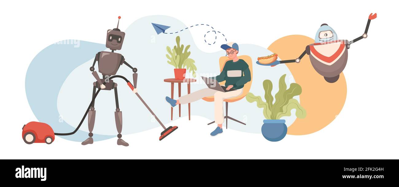 Robots personnels domestiques illustrations vectorielles plates. Des robots nettoient le sol, cuisent et servent de la nourriture pendant que le jeune homme travaille et travaille en réseau social. Intelligence artificielle, technologies futures. Illustration de Vecteur
