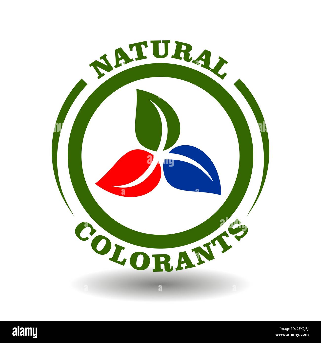 Tampon vectoriel colorants RVB naturels, ingrédients de couleur organiques pour l'emballage des produits. Icône vectorielle avec des feuilles rouges, vertes et bleues isolées sur du blanc Illustration de Vecteur