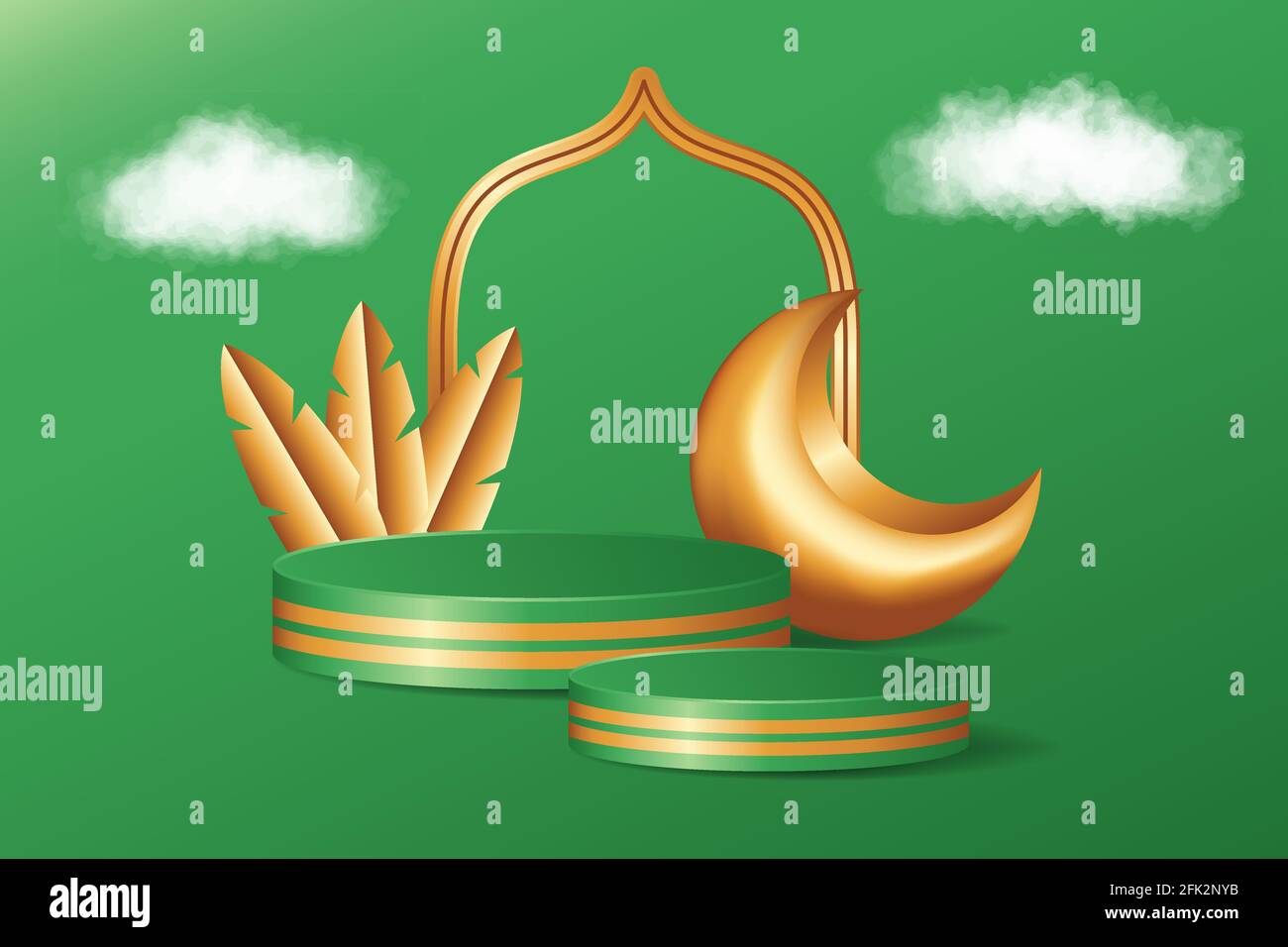 Décor de scène de piédestal en 3d islamique sur fond vert avec nuages réalistes, feuille dorée et croissant de lune. Présentation du produit adaptée à Ramad Illustration de Vecteur