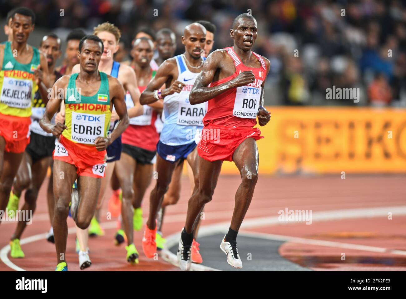 Albert ROP (Barhein), Mo Farah (Grande-Bretagne), Muktar Edris (Éthiopie). 5000 mètres hommes, qualification. Championnats du monde de l'IAAF Londres 2017 Banque D'Images