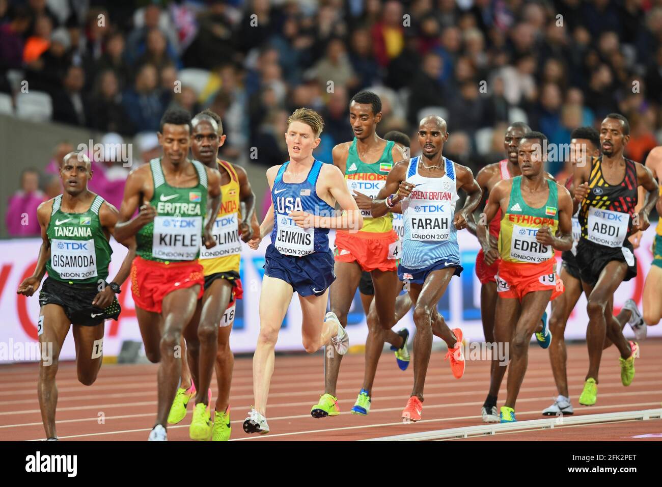 Mo Farah (Grande-Bretagne), Muktar Edris (Ethiopie), Eric Jenkins (Etats-Unis). 5000 mètres hommes, qualification. Championnats du monde de l'IAAF Londres 2017 Banque D'Images