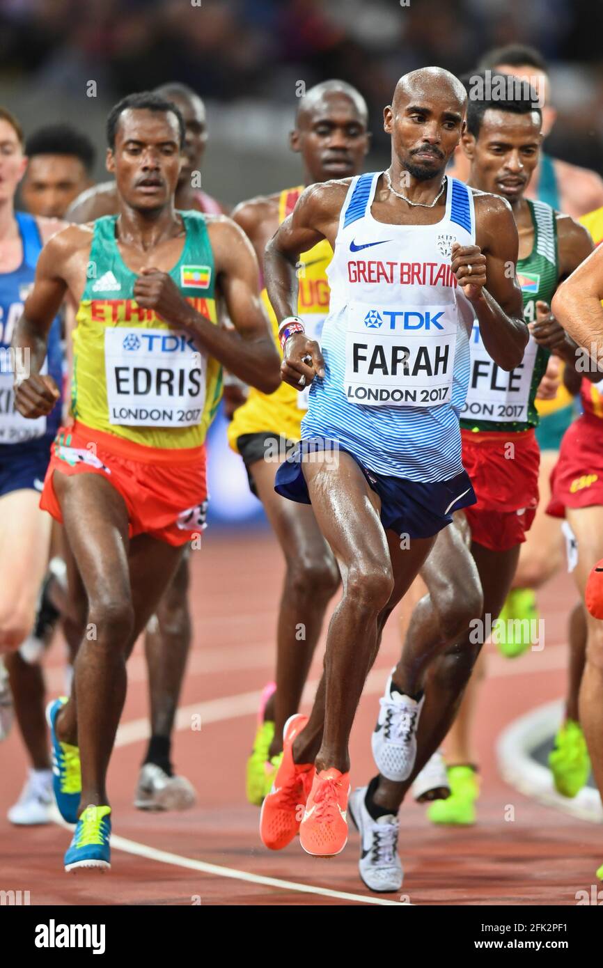 Mo Farah (Grande-Bretagne), Muktar Edris (Éthiopie). 5000 mètres hommes, qualification. Championnats du monde de l'IAAF Londres 2017 Banque D'Images