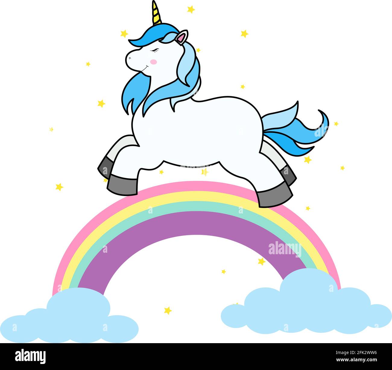 Joli dessin animé Unicorn sur nuage et arc-en-ciel pour T-shirt imprimé ou autocollant, fond d'écran et dessin à la main Illustration pour enfants Illustration de Vecteur