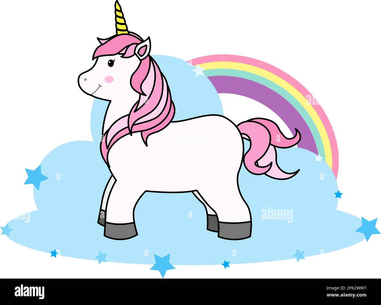 Joli dessin animé Unicorn sur nuage et arc-en-ciel pour T-shirt imprimé ou autocollant, fond d'écran et dessin à la main Illustration pour enfants Illustration de Vecteur