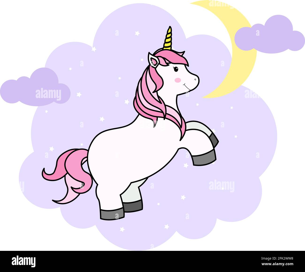 Joli dessin animé Unicorn sur nuage et arc-en-ciel pour T-shirt imprimé ou autocollant, fond d'écran et dessin à la main Illustration pour enfants Illustration de Vecteur