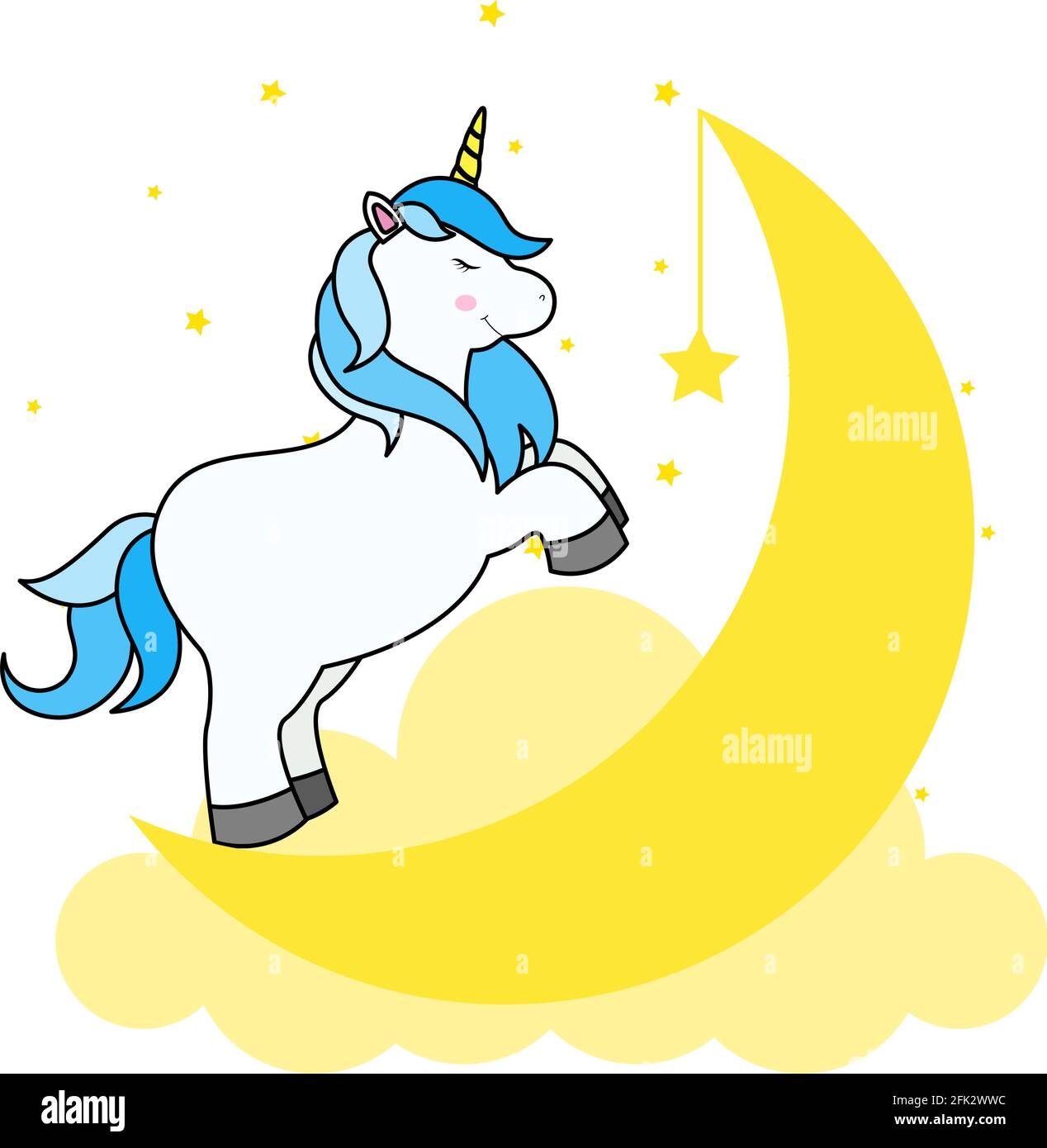 Joli dessin animé Unicorn sur nuage et arc-en-ciel pour T-shirt imprimé ou autocollant, fond d'écran et dessin à la main Illustration pour enfants Illustration de Vecteur