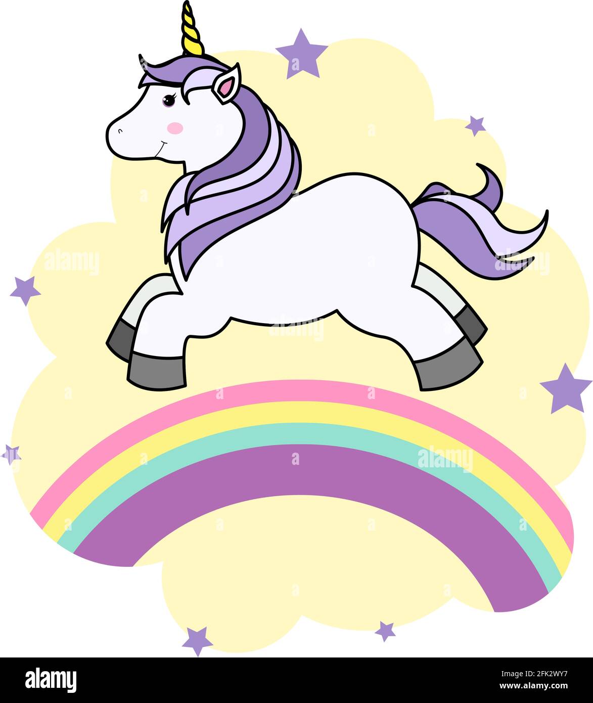 Joli dessin animé Unicorn sur nuage et arc-en-ciel pour T-shirt imprimé ou autocollant, fond d'écran et dessin à la main Illustration pour enfants Illustration de Vecteur