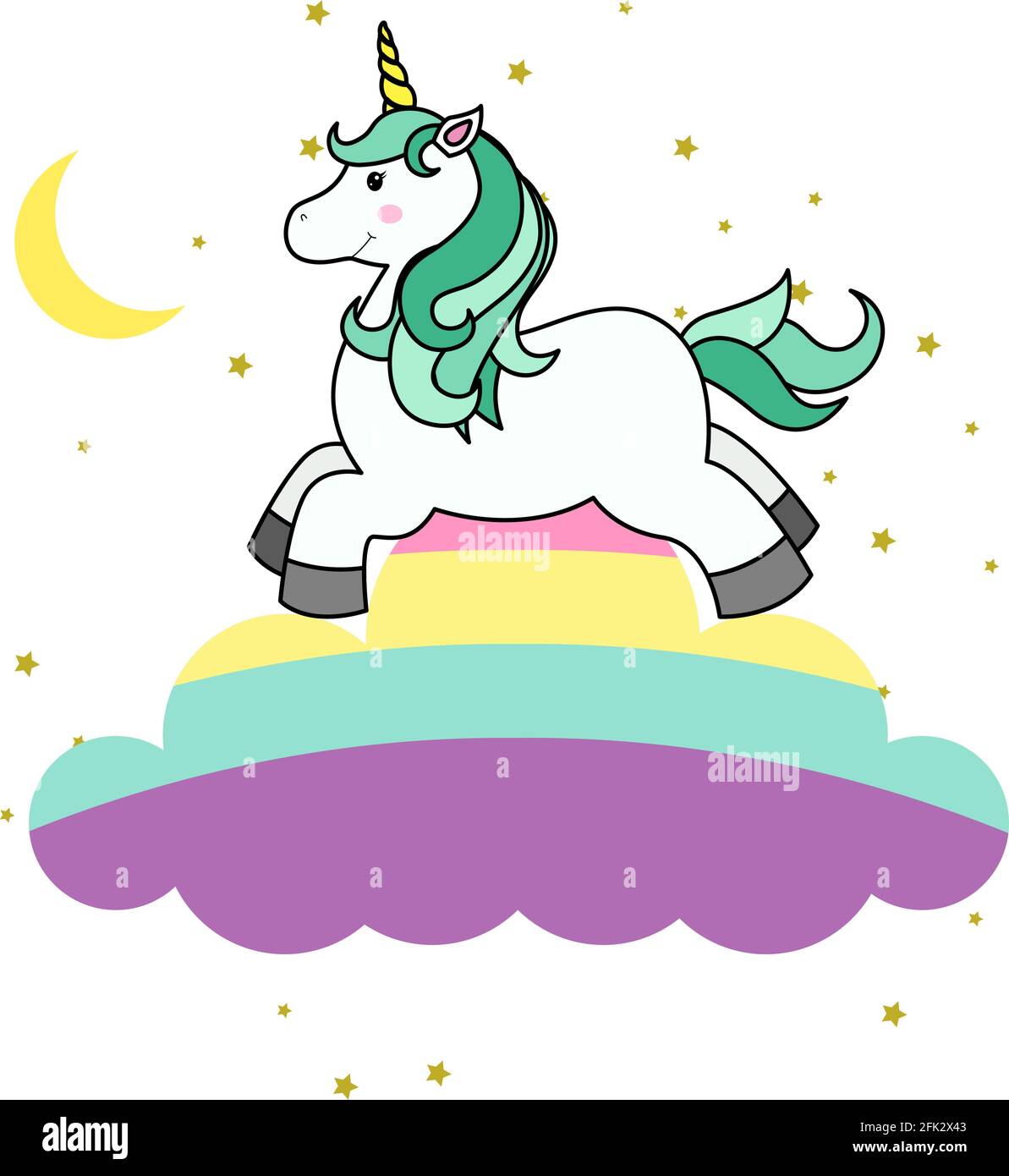 Joli dessin animé Unicorn sur nuage et arc-en-ciel pour T-shirt imprimé ou autocollant, fond d'écran et dessin à la main Illustration pour enfants Illustration de Vecteur