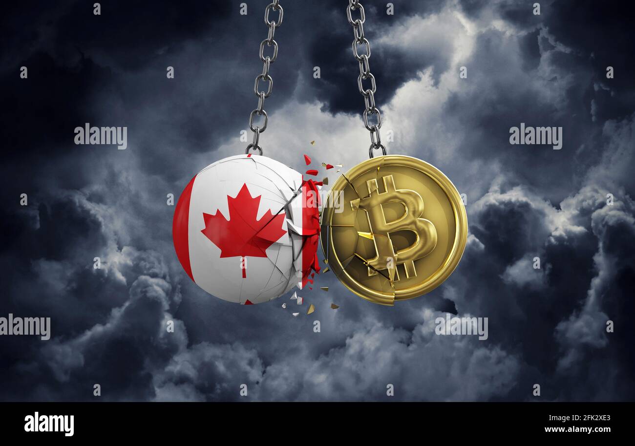 Drapeau du Canada qui se transforme en une pièce de crypto-monnaie en bitcoin d'or. Rendu 3D Banque D'Images