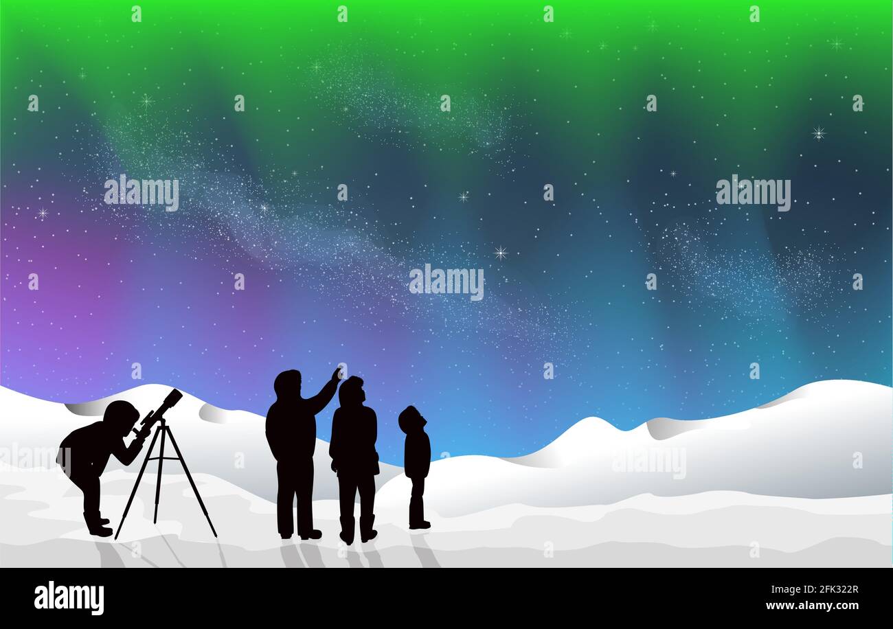 Aurores boréales dans la neige. Observation des étoiles du ciel la nuit sombre. Un groupe de personnes famille et amis avec homme femme et enfants avec télé Illustration de Vecteur