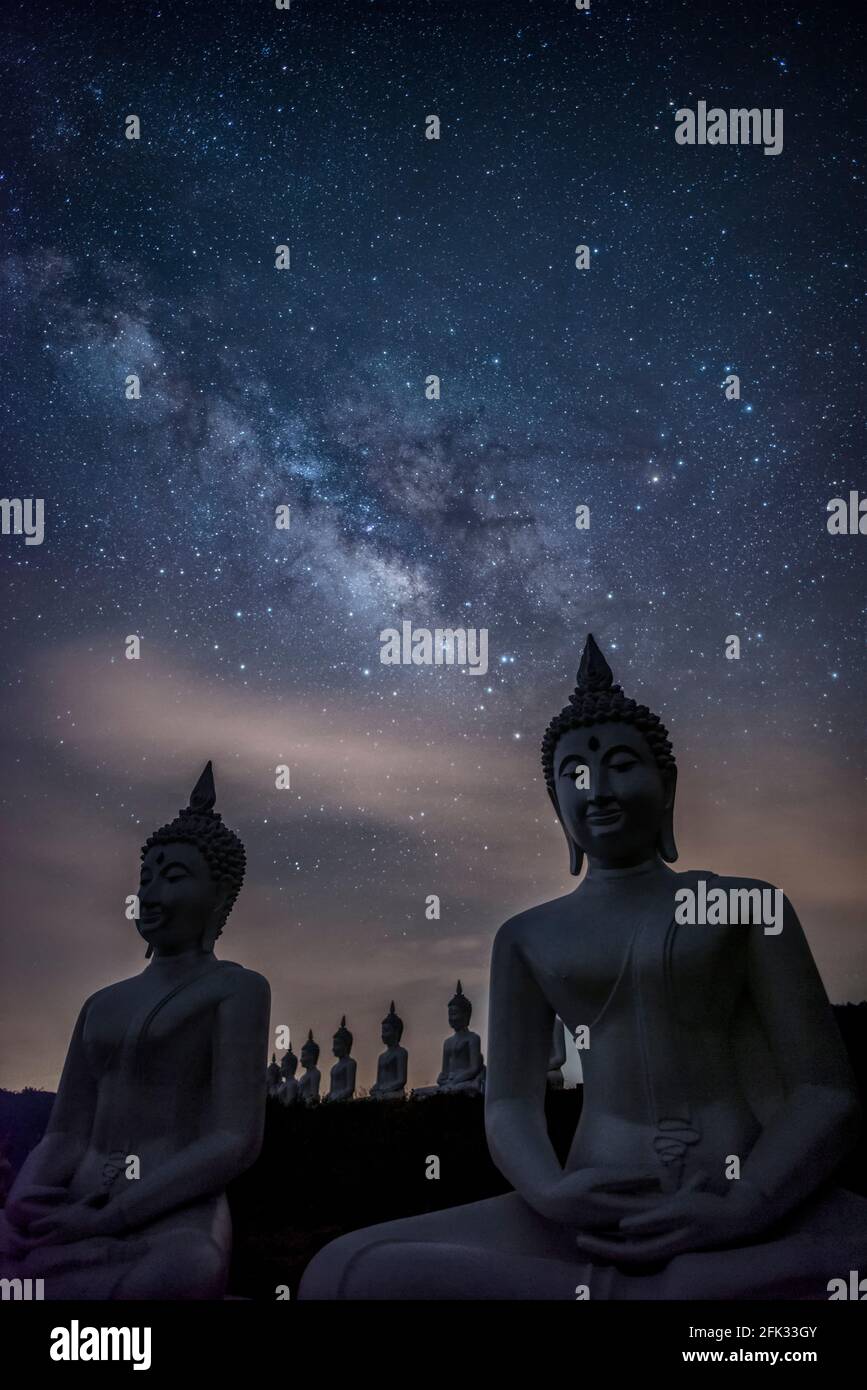 Voie lactée galaxie sur de nombreuses statues de bouddha à Phu Phra Ban Mak Khaeng, Dan Sai, Loei, Thaïlande. Photo verticale Banque D'Images