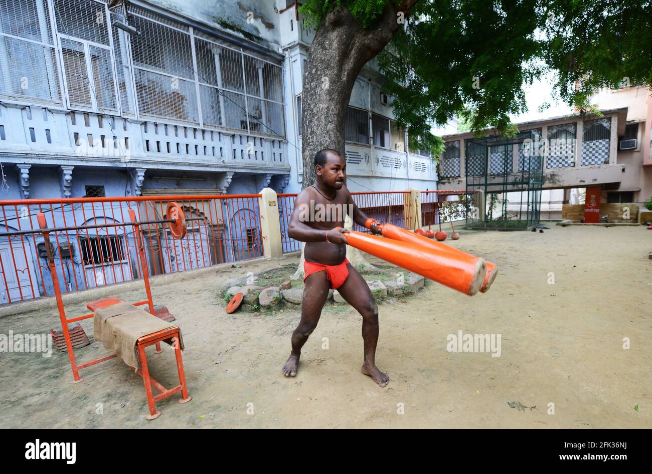 Un pehlwan indien s'exerçant avec des clubs indiens à Varansai, Uttar Pradesh, I ndia. Banque D'Images