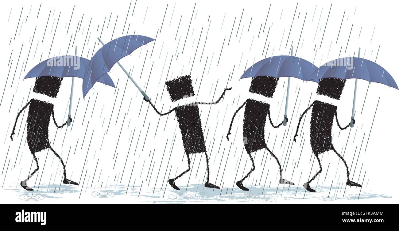 Illustration de diverses personnes marchant. Tous sont protégés de la pluie avec un parapluie, mais un ... Il est heureux, chantant sous la pluie. Illustration de Vecteur