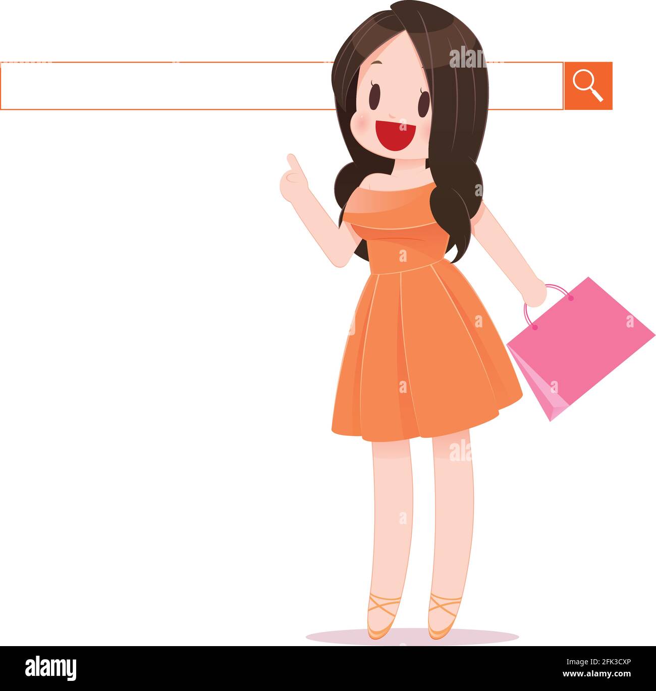Une femme heureuse avec un sac de shopping en profitant du shopping en ligne. Illustration du dessin animé du concept d'entreprise. Illustration de Vecteur