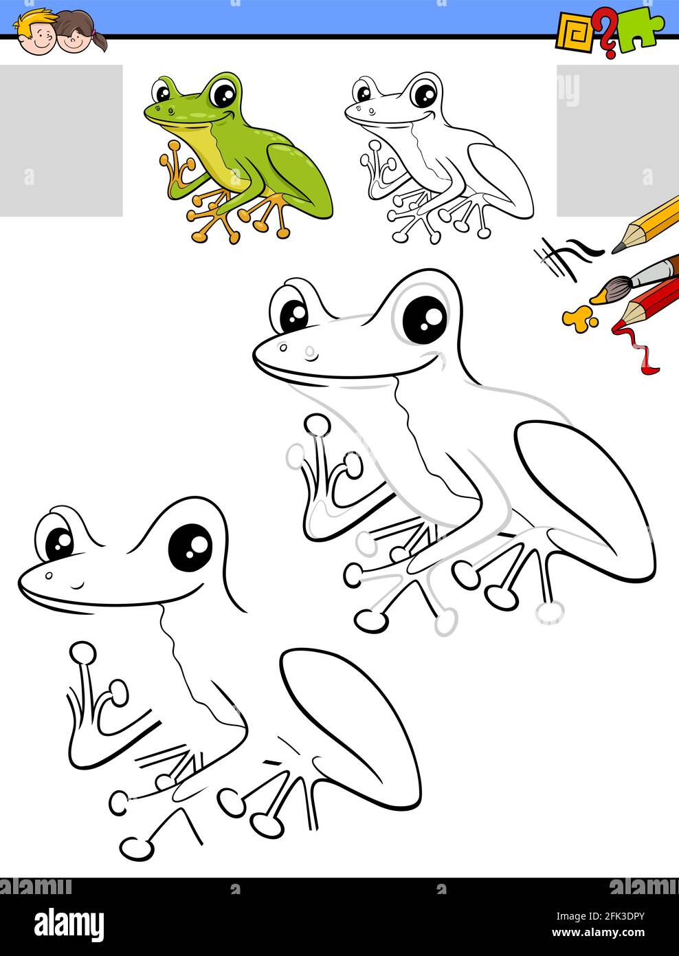 Illustration de dessin et de coloriage d'activités éducatives pour les enfants avec le personnage de grenouille d'arbre Illustration de Vecteur