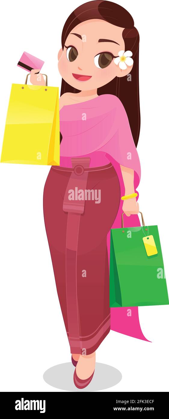 Femme de Thaïlande shopping avec carte de crédit contre fond blanc, dessin animé, illustration vectorielle Illustration de Vecteur