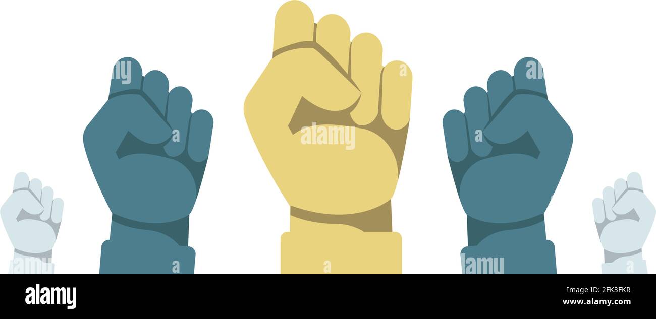 Concept de protestation. Illustration vectorielle des mains humaines surélevées avec des poings serrés. Poing relevé Illustration de Vecteur
