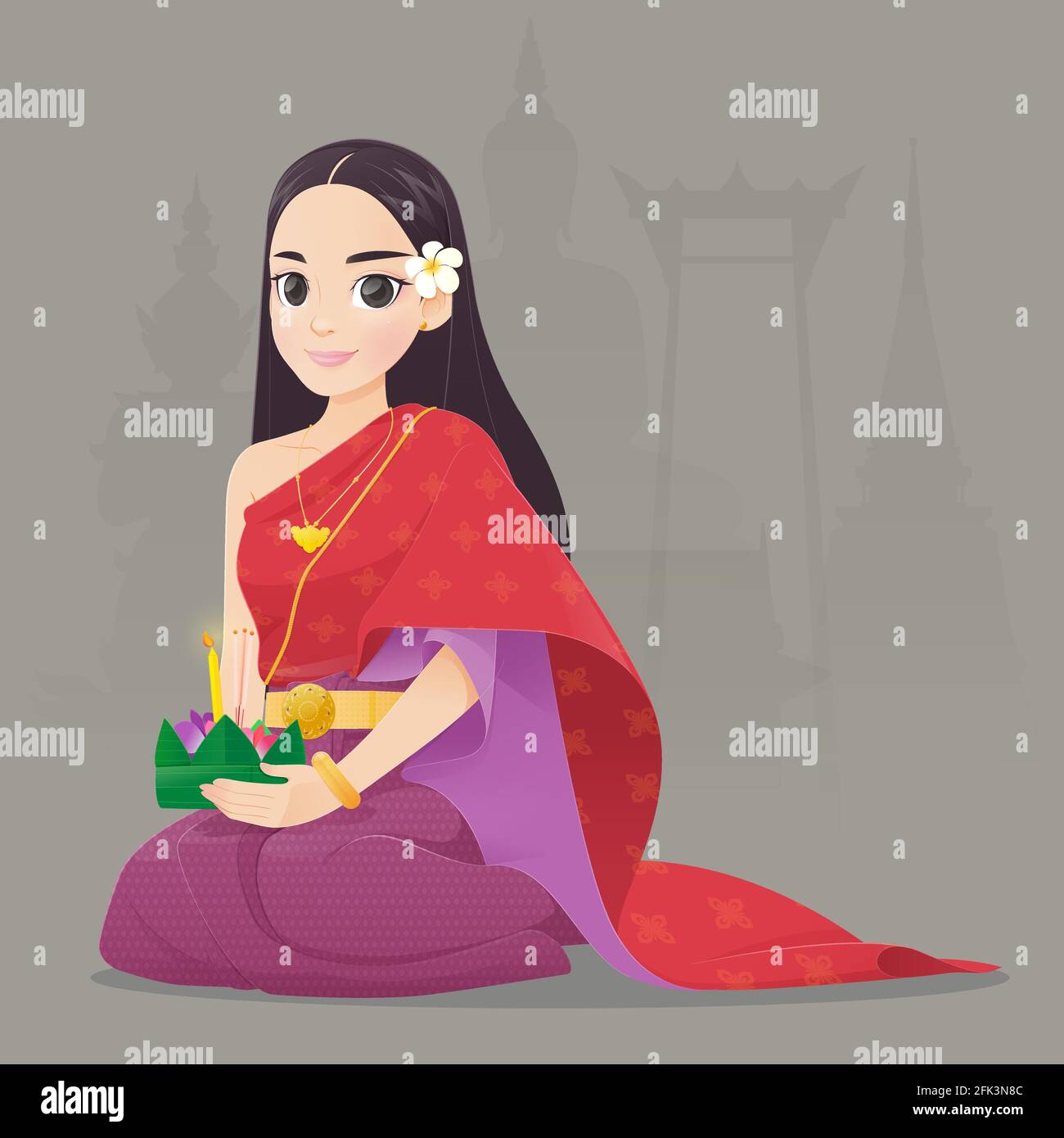 Cartoon Femme Avec Loy Krathong Festival, la Culture en Thaïlande, Vector Illustration Illustration de Vecteur
