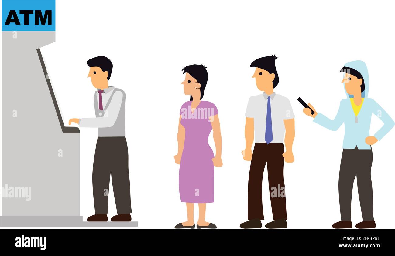 Un homme d'affaires fait la queue pour un distributeur automatique de billets pour retirer de l'argent. Illustration vectorielle de personnage de dessin animé plat sur fond blanc. Illustration de Vecteur