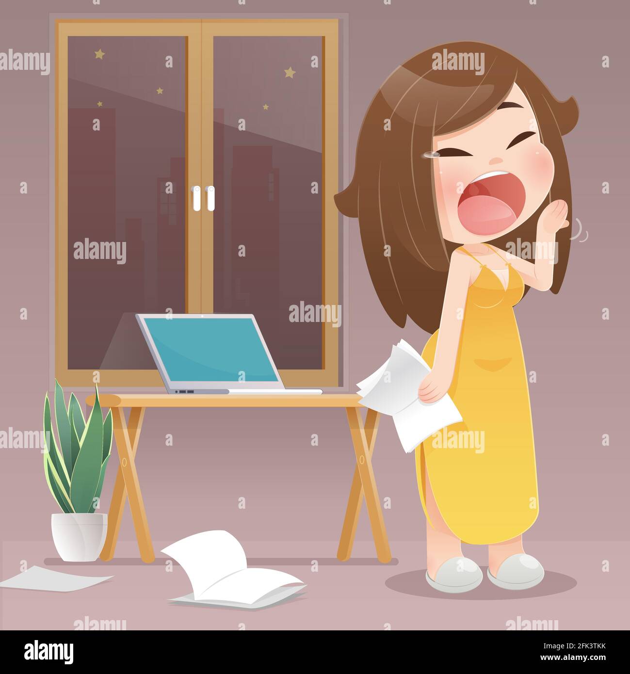 Caricature femme bâillonant parce qu'ils travaillent la nuit à la maison. Lady se prépare pour le travail du coronavirus à partir de l'exigence de la maison. Protection de Covid 19. plat Illustration de Vecteur