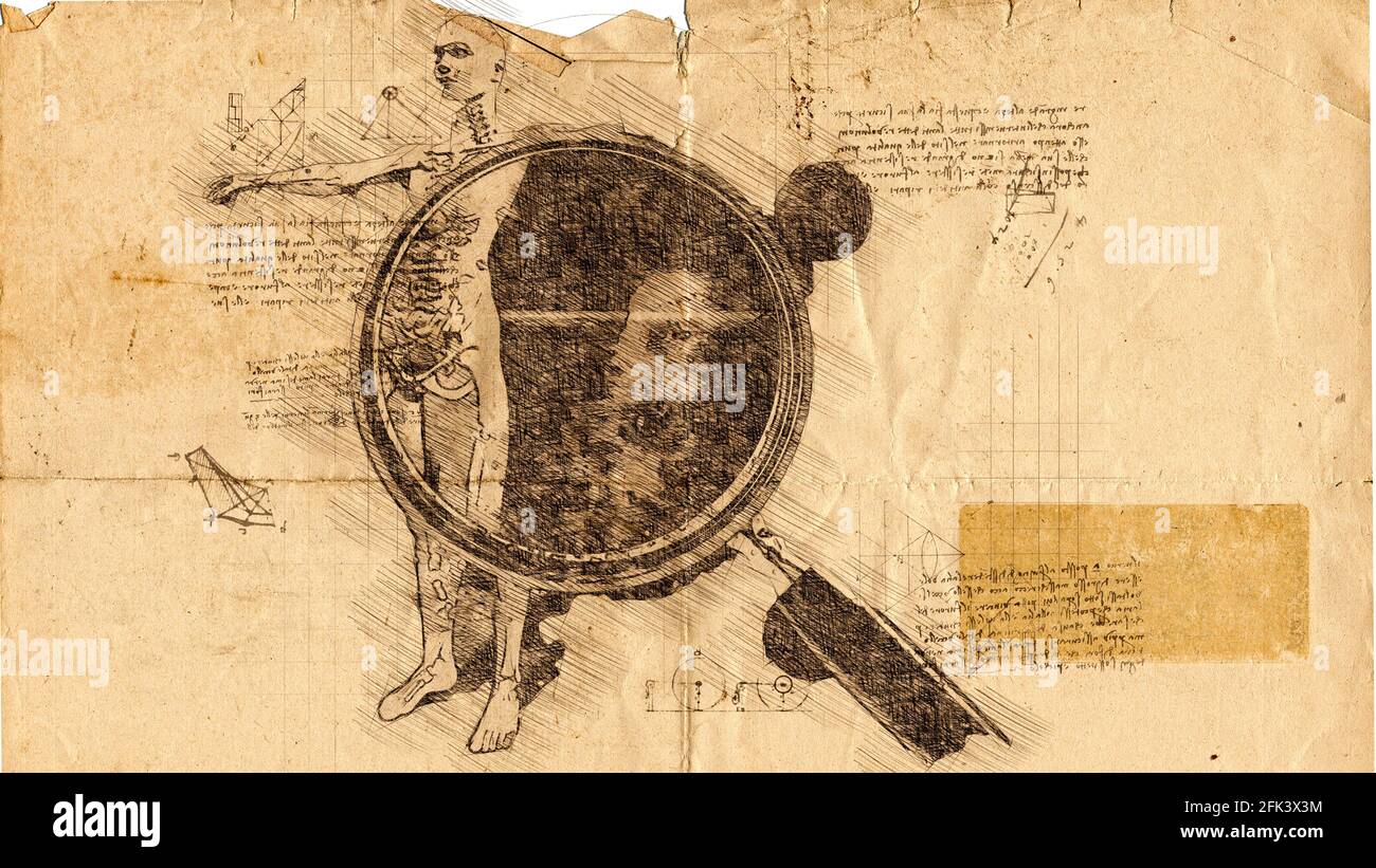 Anatomie de l'homme sous la loupe dans le style Leonardo Da Vinci .représentation d'esquisse numérique. Banque D'Images