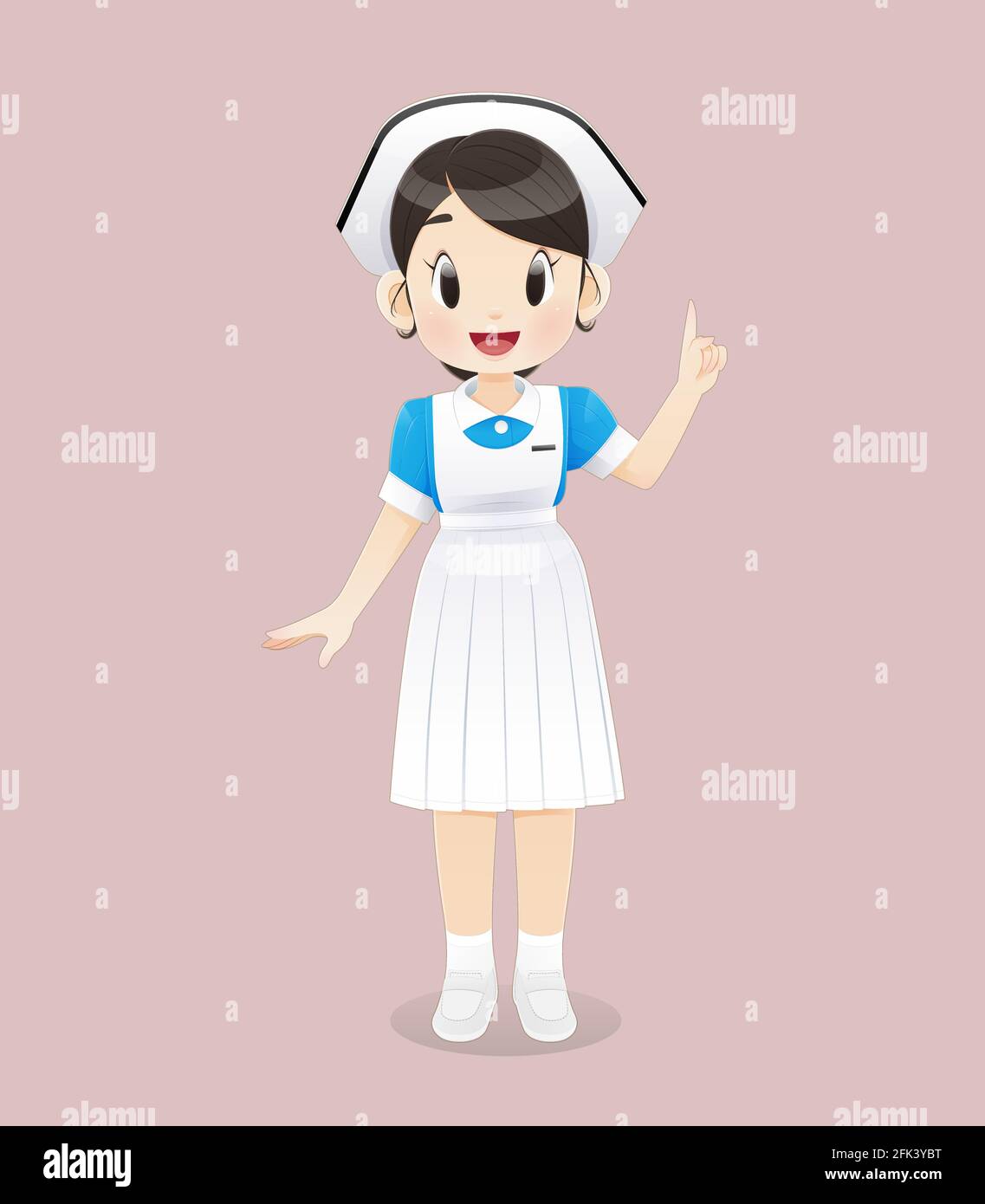 Étudiant en soins infirmiers portant un uniforme bleu et blanc se tient sur un fond rose. Personnel infirmier souriant. Illustration vectorielle dans le dessin animé caractère d Illustration de Vecteur