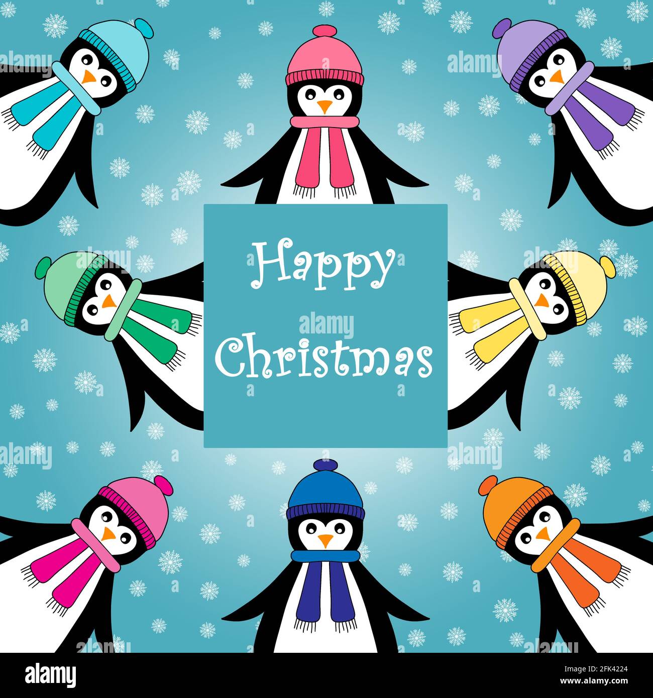 Une illustration de jolis pingouins et arbres de Noël. Carte de vœux avec le message Joyeux Noël. Banque D'Images