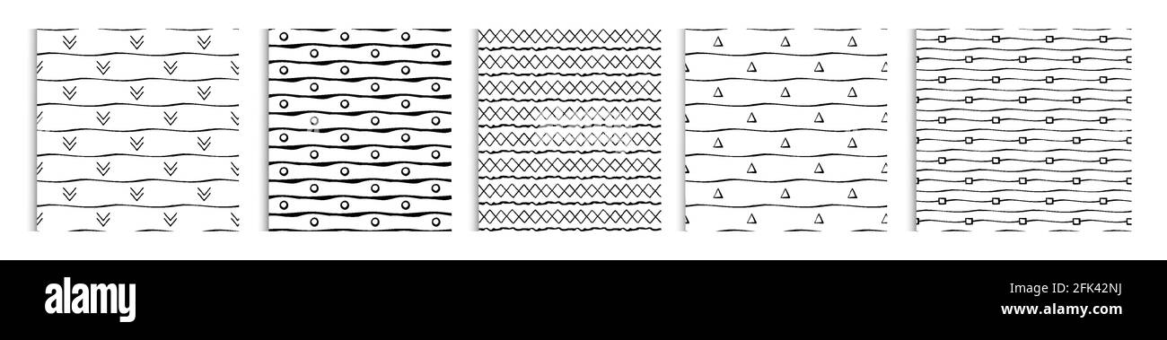 Ensemble de motifs faits main sans coutures. 5 motifs vectoriels noirs et blancs pour toile, tissu, papier d'emballage Illustration de Vecteur
