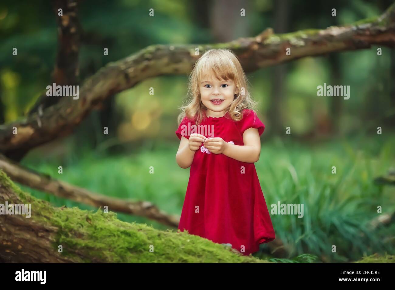 Petite fille dans la forêt verte sauvage Banque D'Images