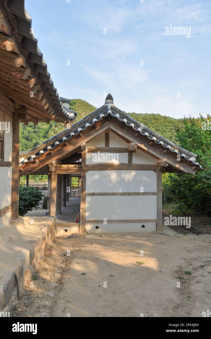 Cour avec petit arbre et bâtiments traditionnels coréens de l'ère joseon. Byeongsan Seowon, Andong, Corée du Sud. Banque D'Images