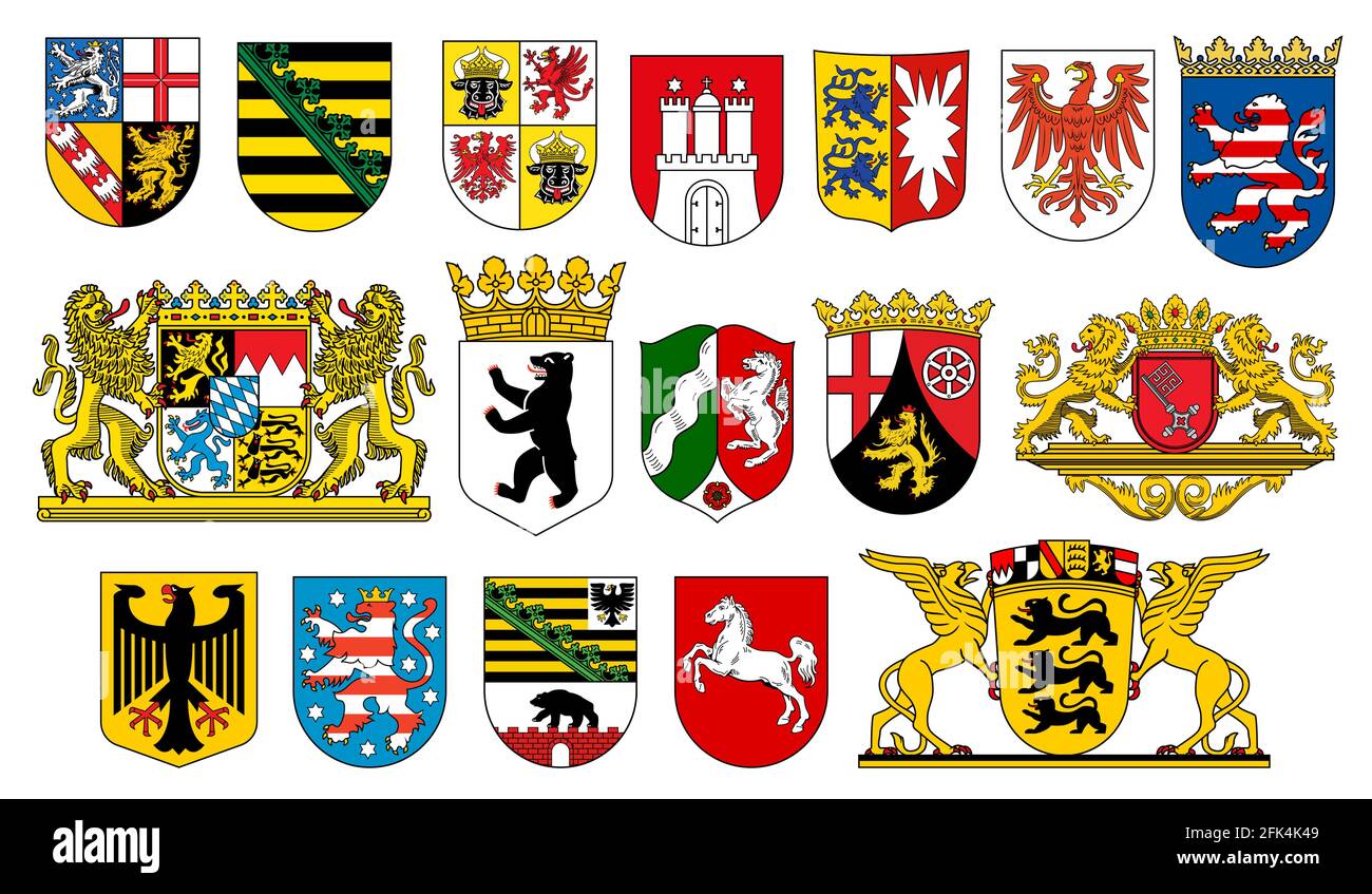Armoiries des États allemands icônes héraldiques du vecteur allemand héraldique. Emblèmes de l'État fédéral allemand avec drapeaux, lion, ours et cerf, aigle, cheval, cr Illustration de Vecteur