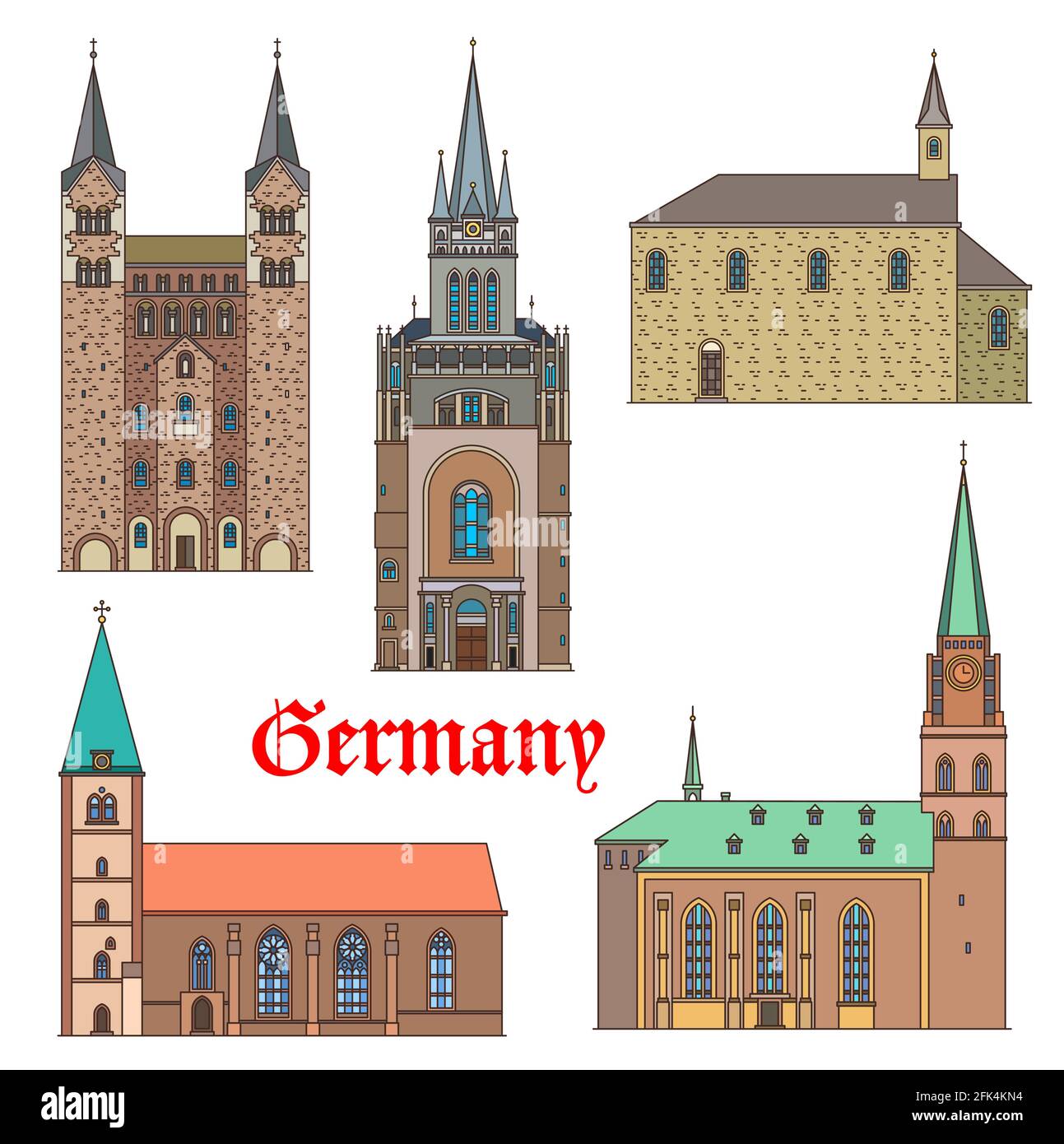 Allemagne bâtiments historiques, châteaux d'architecture, palais et églises gothiques, vecteur. Marienkirche à Lemgo, Abbaye Hoxter Corvey, chapelle Saint-Nikolai i Illustration de Vecteur