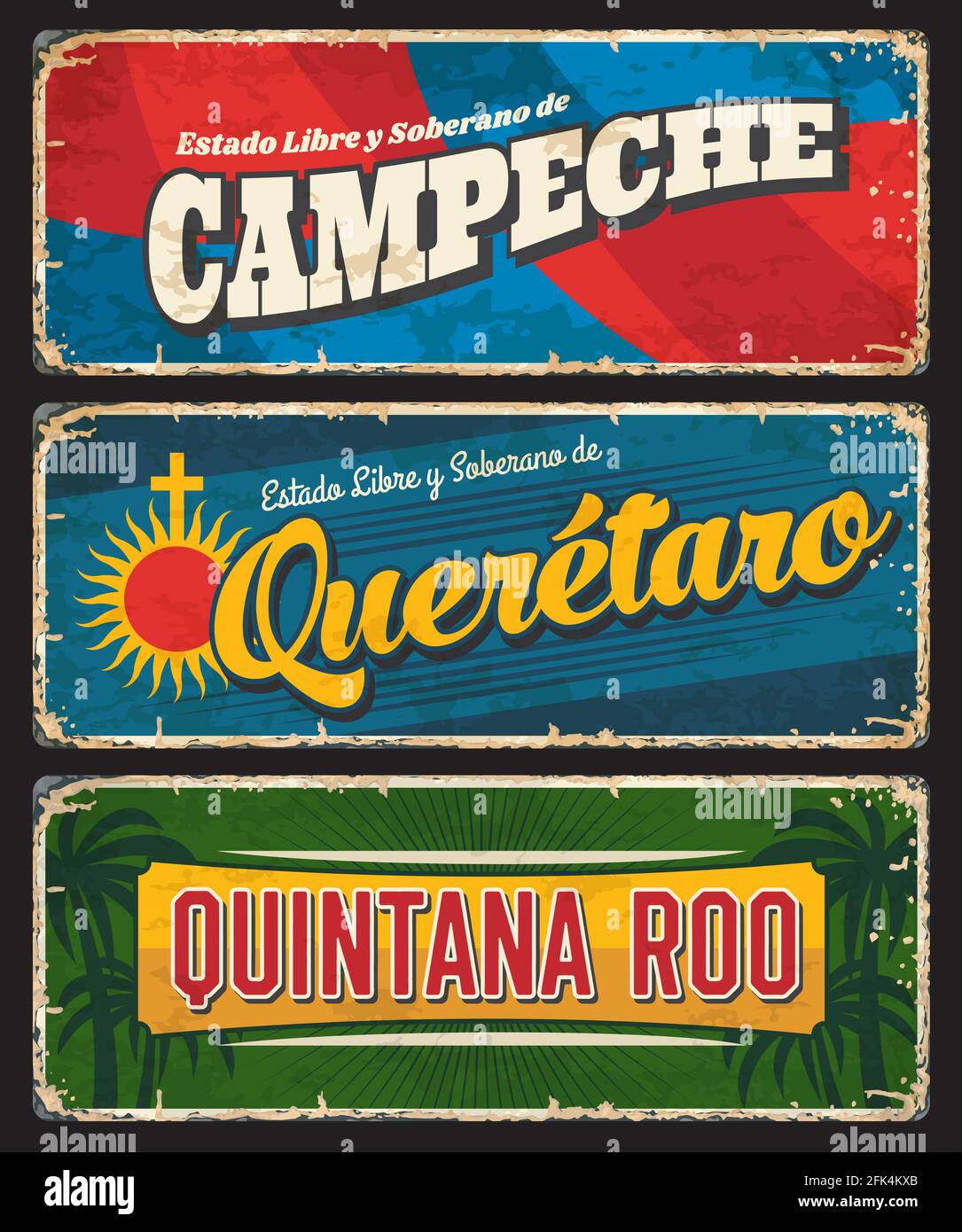 Campeche, Queretaro et Quintana Roo Mexico indiquent des plaques d'étain vectorielles. Les régions du Mexique grunge des panneaux avec des drapeaux et des symboles. Amérique du Nord voyage vieux SIG Illustration de Vecteur