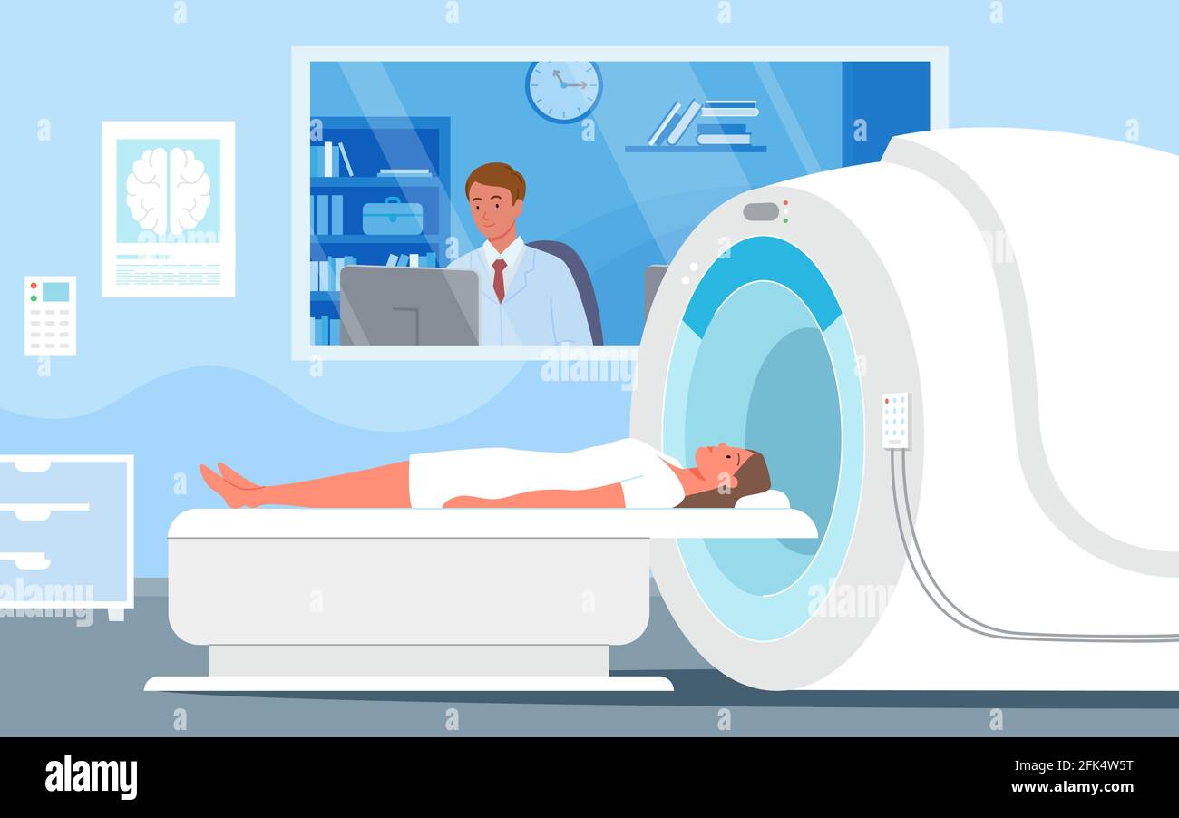 Caricature médecin personnage de l'homme regardant le résultat du diagnostic de la femme patient examen du cerveau sur l'écran de moniteur d'ordinateur, travaillant avec l'équipement de laboratoire atterrissage Illustration de Vecteur