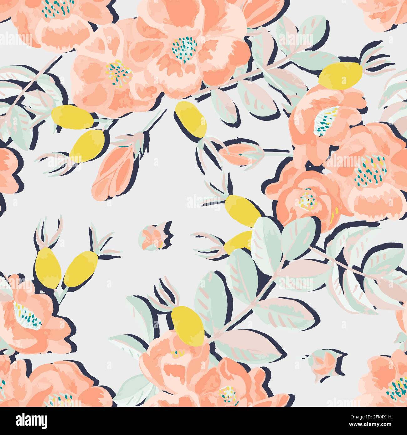 Motif vectoriel sans couture avec de magnifiques fleurs de rose sauvages fruits Illustration de Vecteur