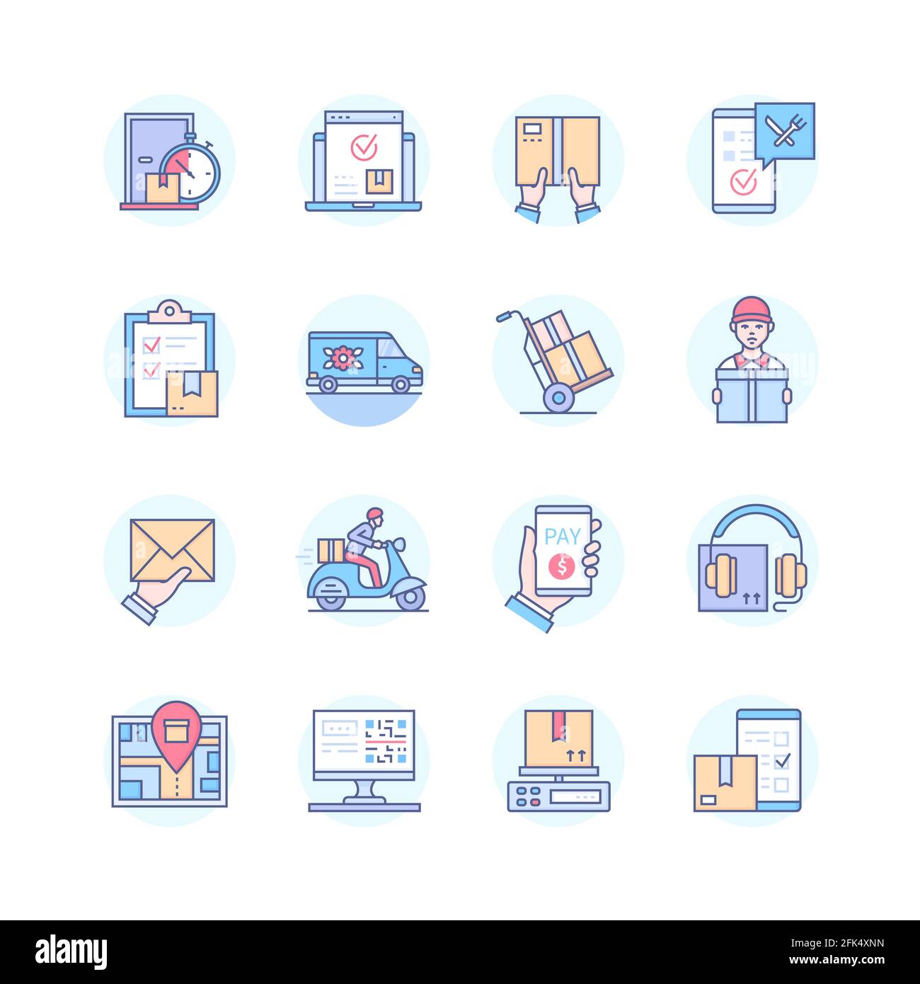Services de livraison - jeu d'icônes de style de conception de ligne. Idée de logistique, de transport et d'achat en ligne. Applications mobiles de commande de nourriture et de fleurs, techniques Illustration de Vecteur