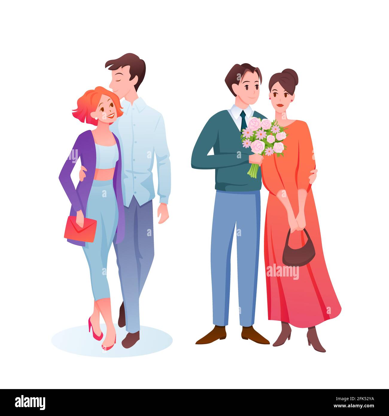 Couple personnes datant ensemble, jeune homme femme amoureux tenant les mains dans l'amour, embrassant le date Illustration de Vecteur