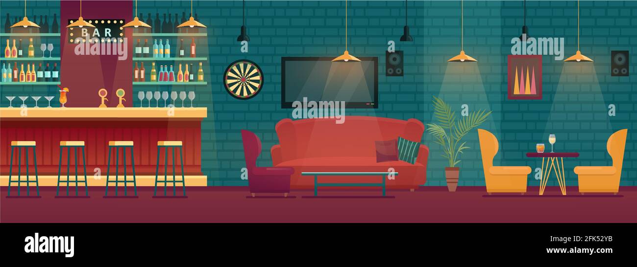 Illustration vectorielle de l'intérieur du bar pub. Vider le comptoir du bar moderne avec les tables, le salon et le tableau du barista Illustration de Vecteur