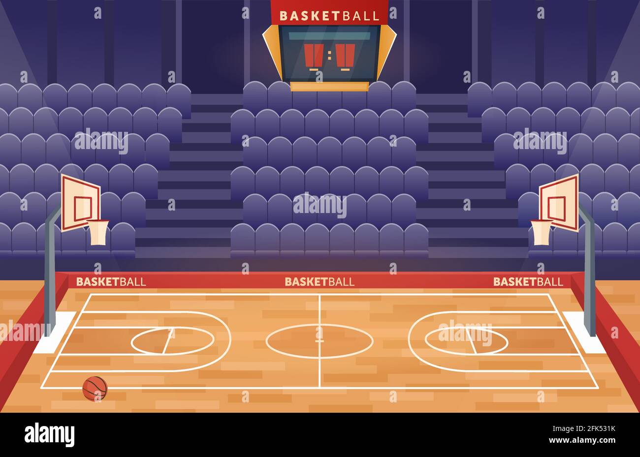 Stade d'arène de terrain de basket-ball, terrain de salle vide de dessin animé pour jouer au jeu d'équipe de basket-ball Illustration de Vecteur