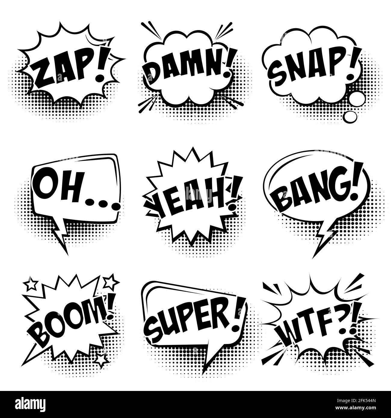 Bulles de langage comique avec ombres demi-teintes et texte isolé sur fond blanc. Autocollants de dessin animé rétro dessinés à la main. Style pop art. Vecteur Illustration de Vecteur