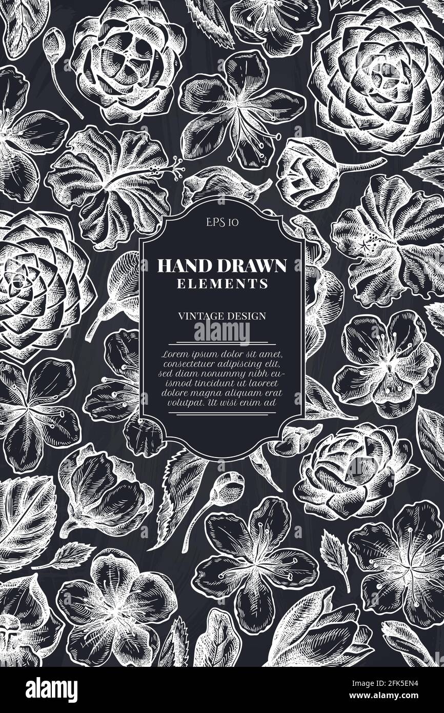 Carte avec hibiscus à la craie, fleurs de prune, fleurs de pêche, fleurs de sakura, fleurs de magnolia, camellia japonica Illustration de Vecteur