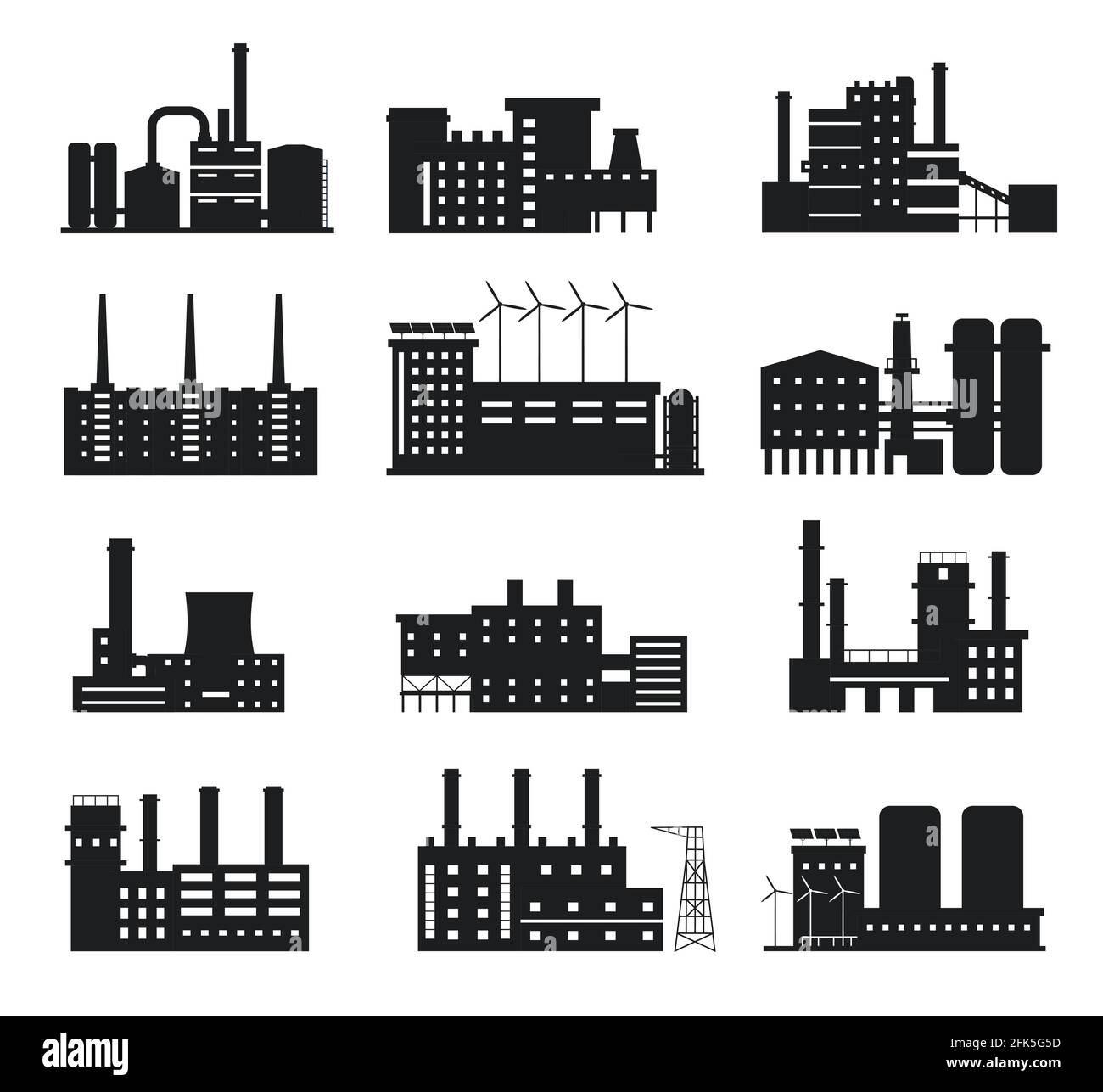 Silhouette d'usine. Icônes de bâtiments industriels. Fabrique l'usine et la centrale électrique avec cheminées, moulins à vent et panneaux solaires logo ensemble vectoriel Illustration de Vecteur