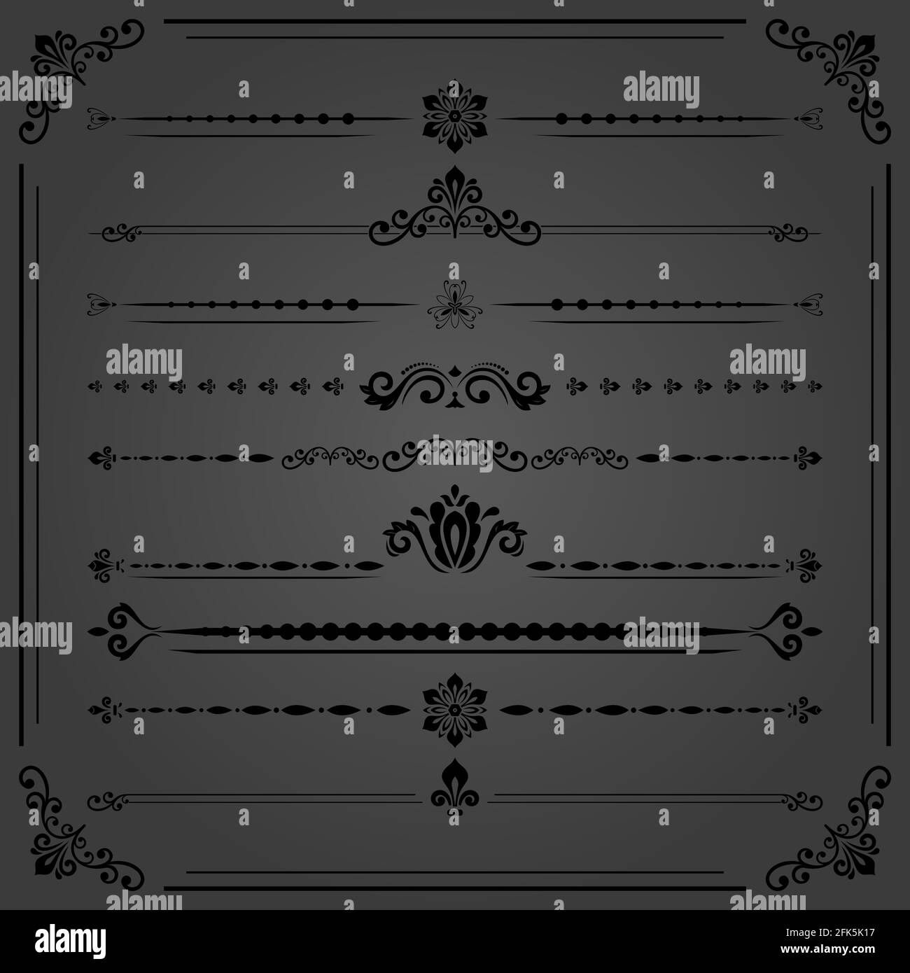 Ensemble vintage d'éléments décoratifs. Séparateurs horizontaux dans le cadre. Collection de différents ornements. Motifs classiques. Ensemble de motifs noirs vintage Banque D'Images