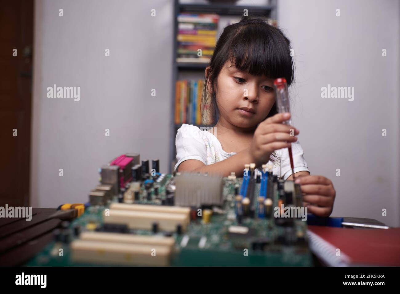 Petite fille asiatique étudiant le matériel informatique Banque D'Images