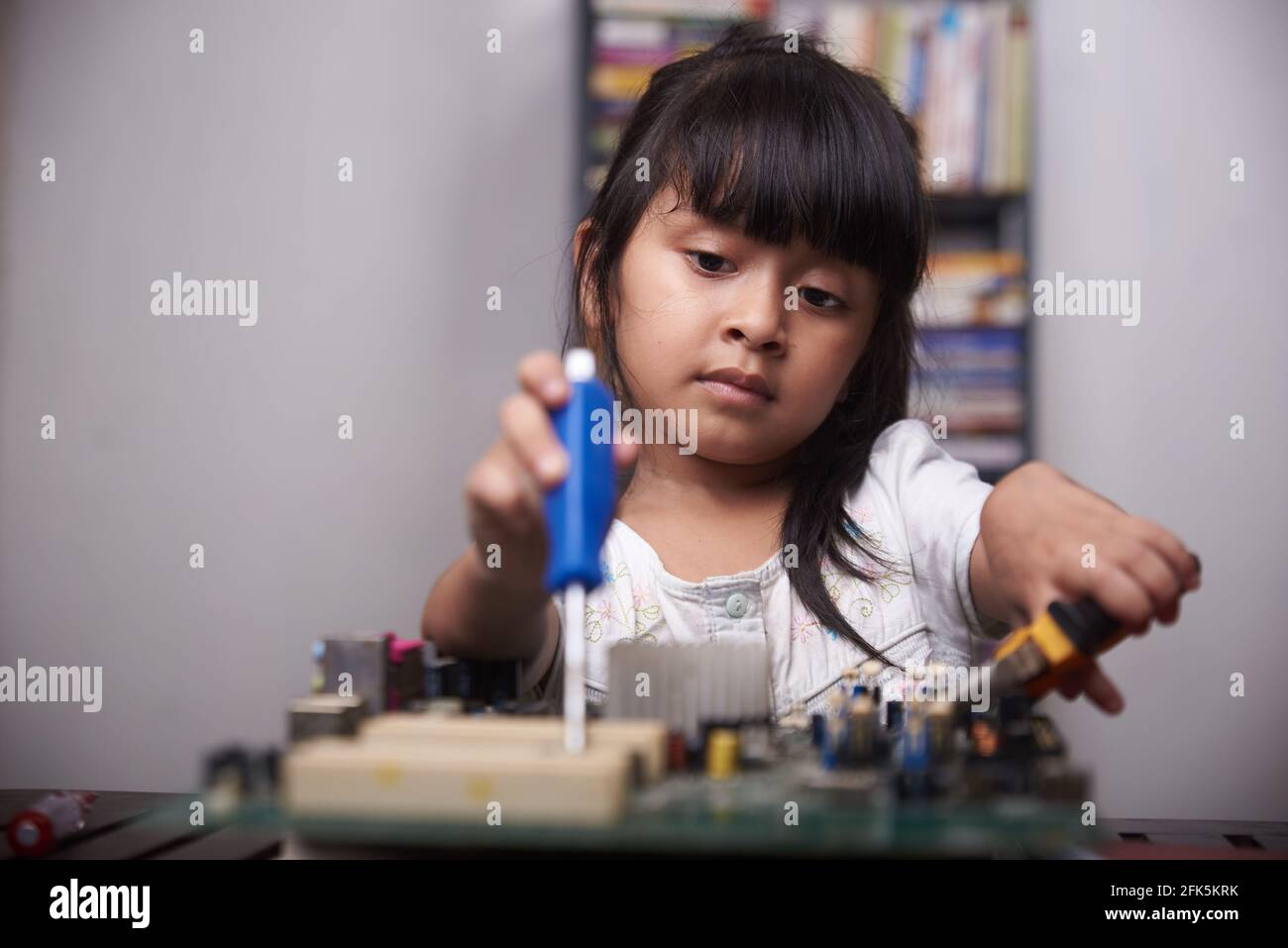 Petite fille asiatique étudiant le matériel informatique Banque D'Images